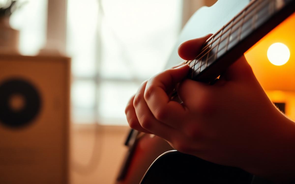 Close-up of hands playing an acoustic guitar under warm lamp light