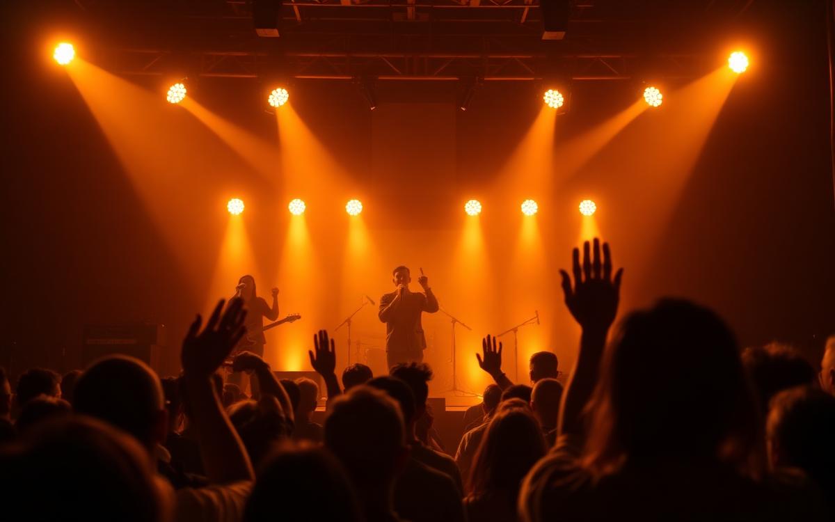 Worship team on stage under warm gold lights with the congregation singing